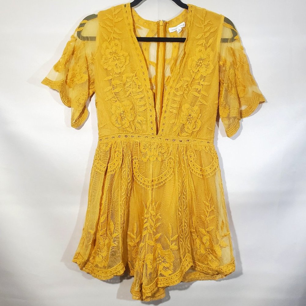 Honey Punch mustard yellow lace romper in size: S